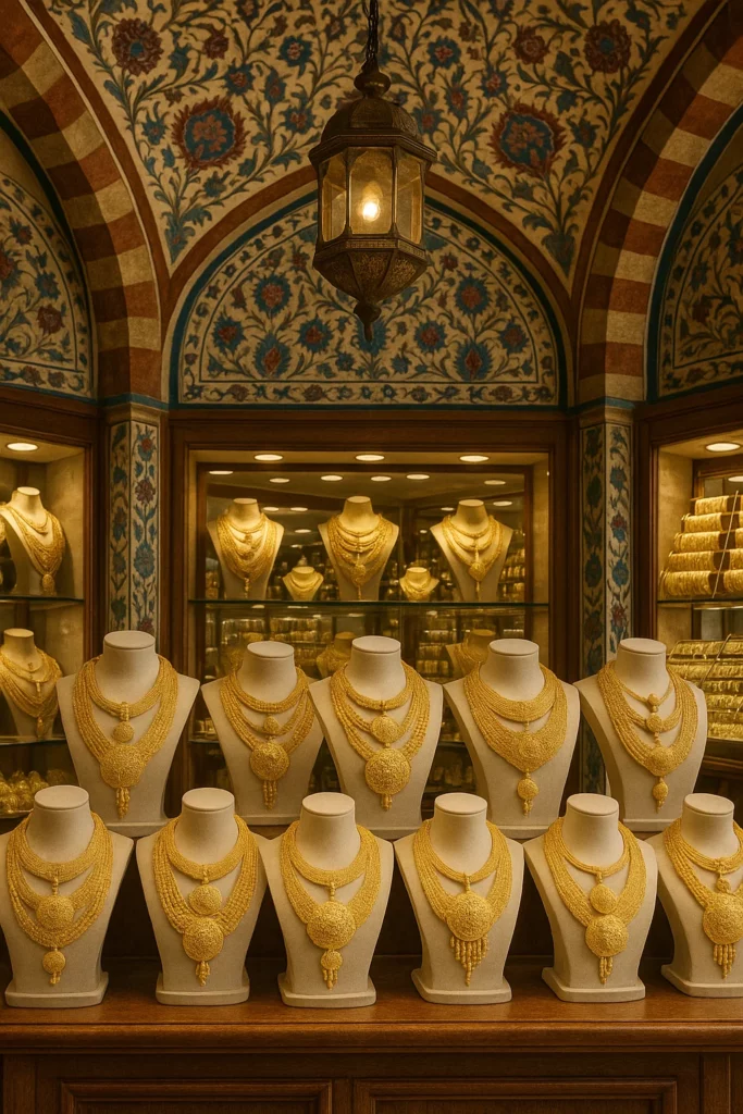 Des vitrines dorées remplies de bijoux, avec un fond oriental.