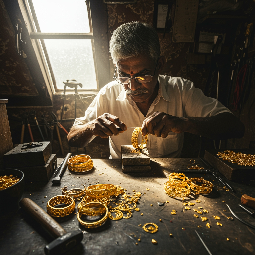 Artisan fabriquant des bracelets en or dans un atelier.