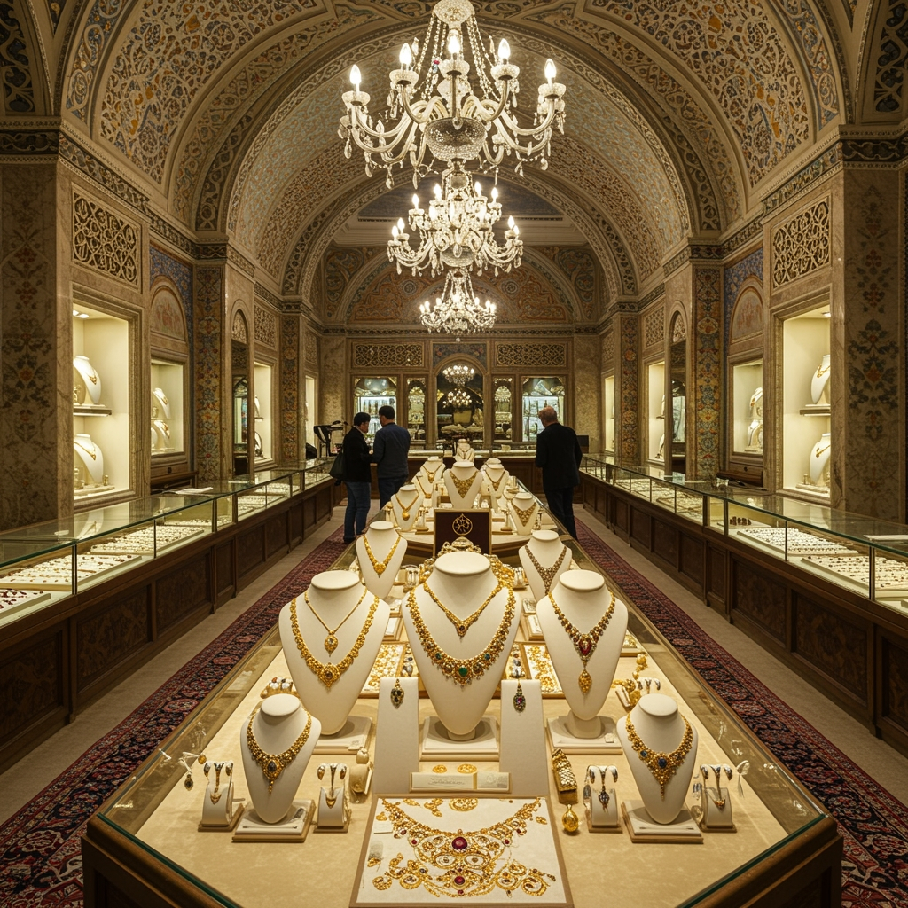 Intérieur d’une bijouterie avec motifs ottomans et colliers massifs.
