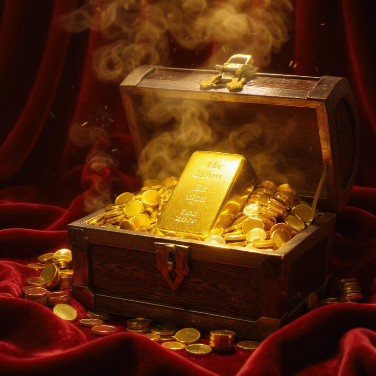 Un lingot d’or de 1 kg posé dans un coffre-fort ouvert avec des pièces dorées autour.